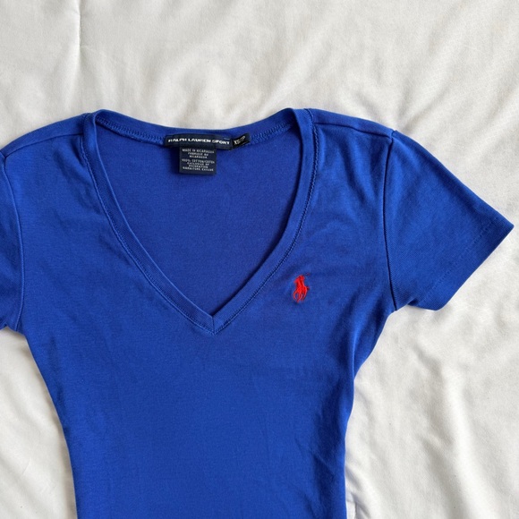 Ralph Lauren Women's V-Neck Polo Tee in Cobalt Blue with Red Logo - Picture 2 of 8